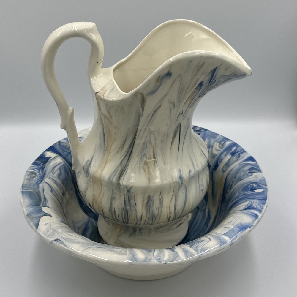 Ceramic Pottery Pitcher & Bowl Wash Basin Blue Beige Marbled Artist Marked Nice!